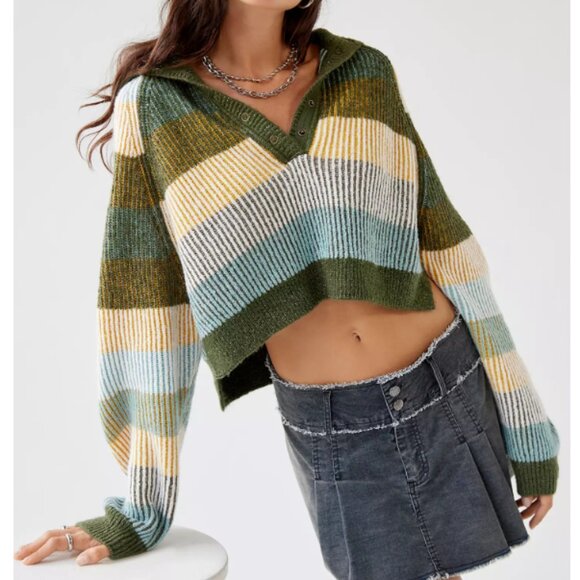 Urban Outfitters BDG Lexi Henley Striped Cropped Oversized Sweater M - Picture 1 of 11